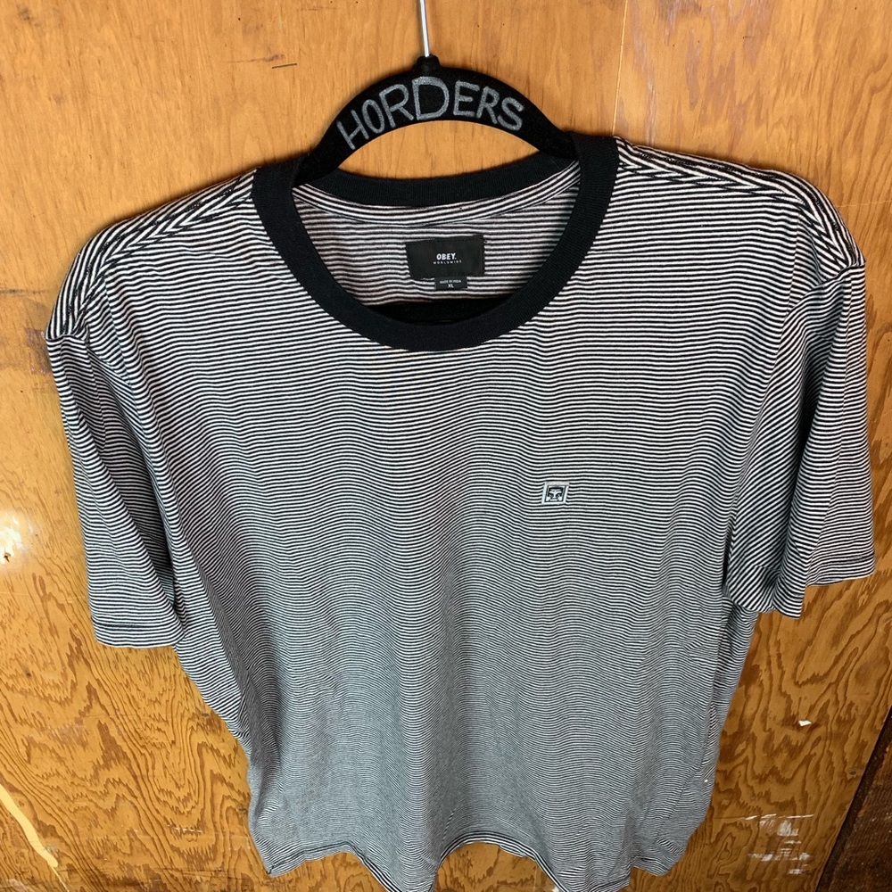 OBEY striped tee, with square patch on left chest